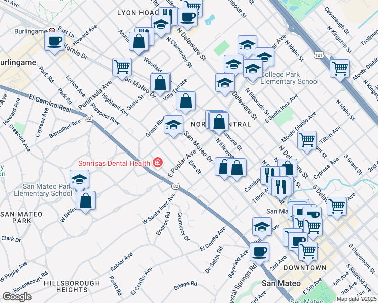 map of restaurants, bars, coffee shops, grocery stores, and more near 119 East Poplar Avenue in San Mateo