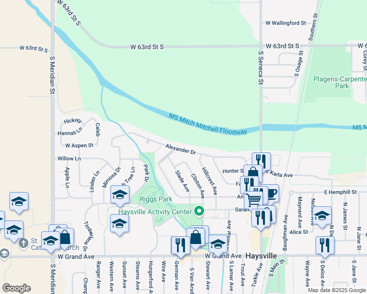 map of restaurants, bars, coffee shops, grocery stores, and more near 610 Alexander Drive in Haysville