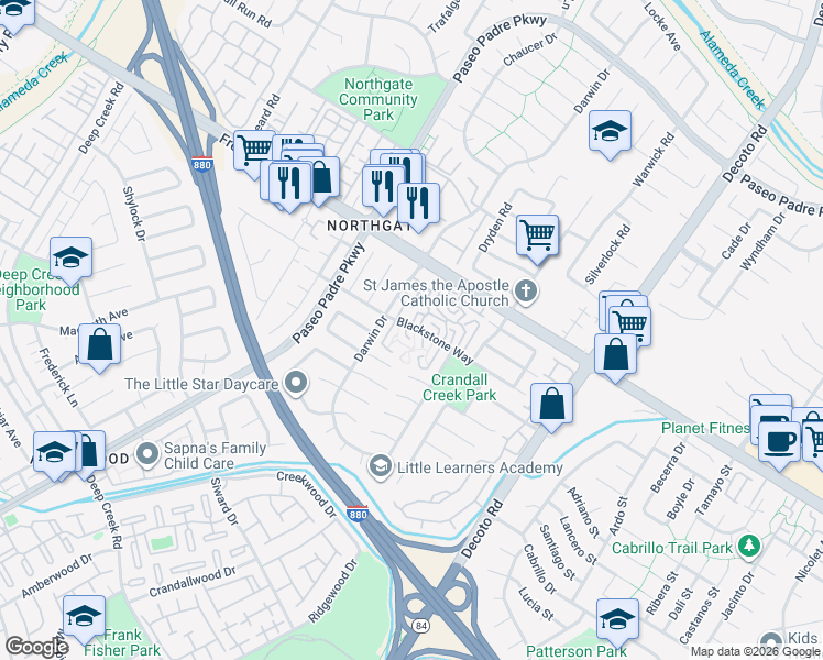map of restaurants, bars, coffee shops, grocery stores, and more near 4146 Redstone Terrace in Fremont