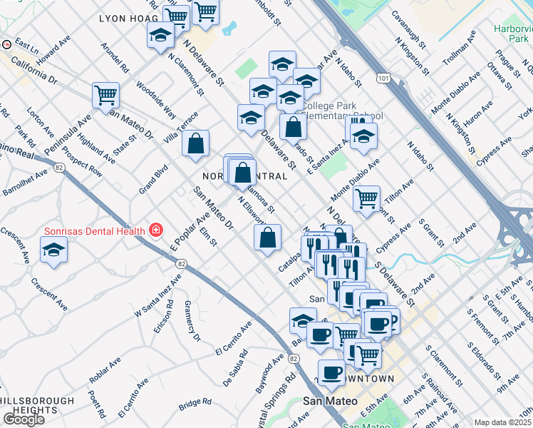map of restaurants, bars, coffee shops, grocery stores, and more near 312 East Santa Inez Avenue in San Mateo