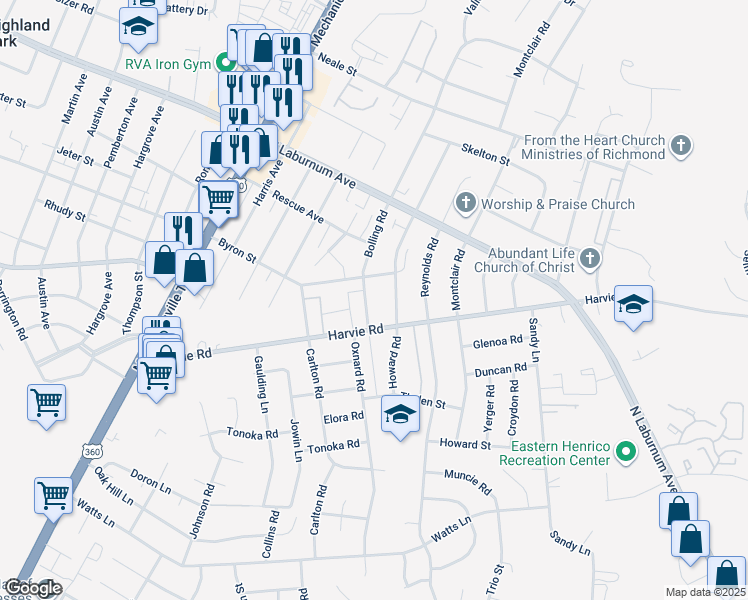 map of restaurants, bars, coffee shops, grocery stores, and more near 3531 Bolling Road in Richmond