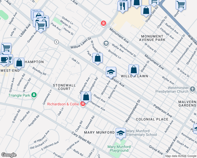 map of restaurants, bars, coffee shops, grocery stores, and more near 355 Lexington Road in Richmond