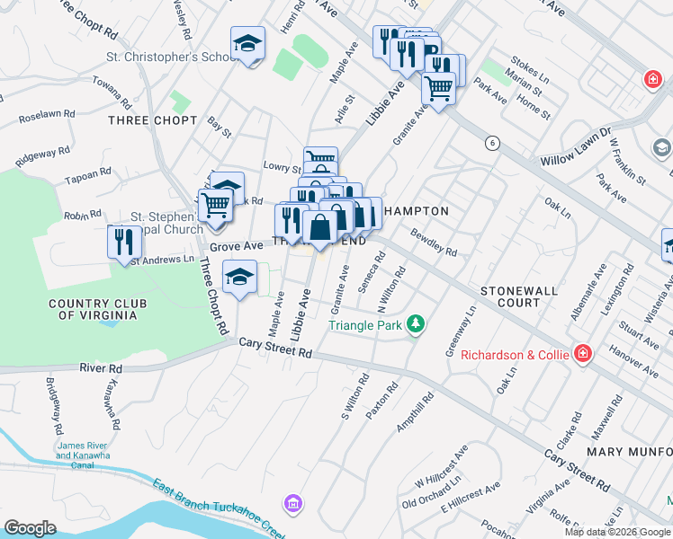 map of restaurants, bars, coffee shops, grocery stores, and more near 117 Granite Avenue in Richmond