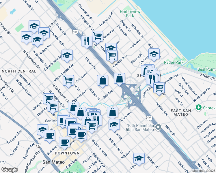 map of restaurants, bars, coffee shops, grocery stores, and more near 110 South Idaho Street in San Mateo