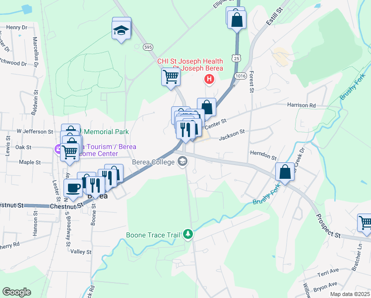 map of restaurants, bars, coffee shops, grocery stores, and more near 100 South Main Street in Berea