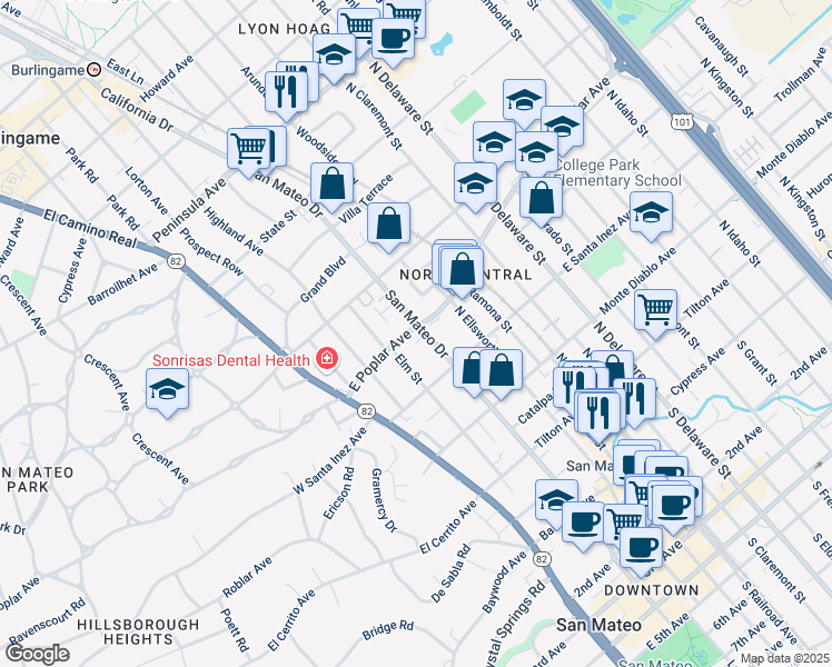 map of restaurants, bars, coffee shops, grocery stores, and more near 359 North San Mateo Drive in San Mateo