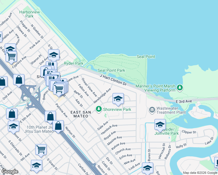map of restaurants, bars, coffee shops, grocery stores, and more near 1833 Newbridge Avenue in San Mateo
