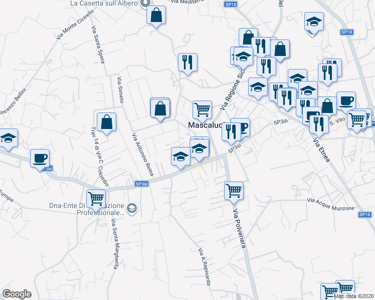 map of restaurants, bars, coffee shops, grocery stores, and more near 17 Via Sciara in Mascalucia