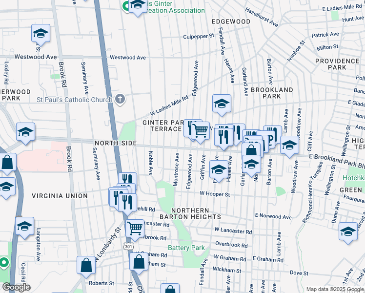 map of restaurants, bars, coffee shops, grocery stores, and more near 510 West Brookland Park Boulevard in Richmond