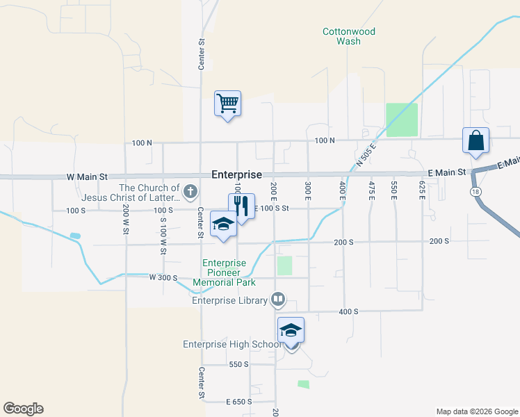 map of restaurants, bars, coffee shops, grocery stores, and more near 170 East 100 South Street in Enterprise