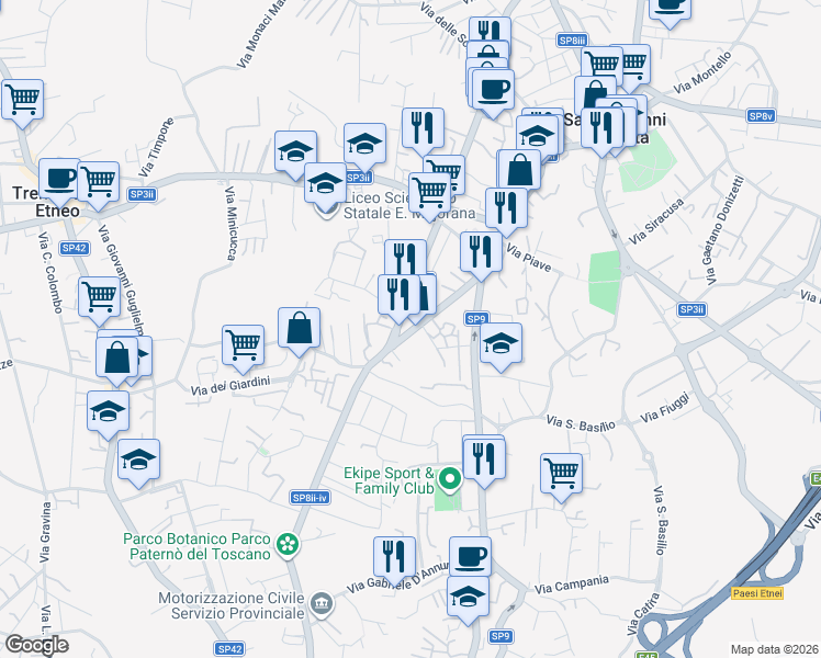 map of restaurants, bars, coffee shops, grocery stores, and more near 23A Via Ravanusa in San Giovanni La Punta