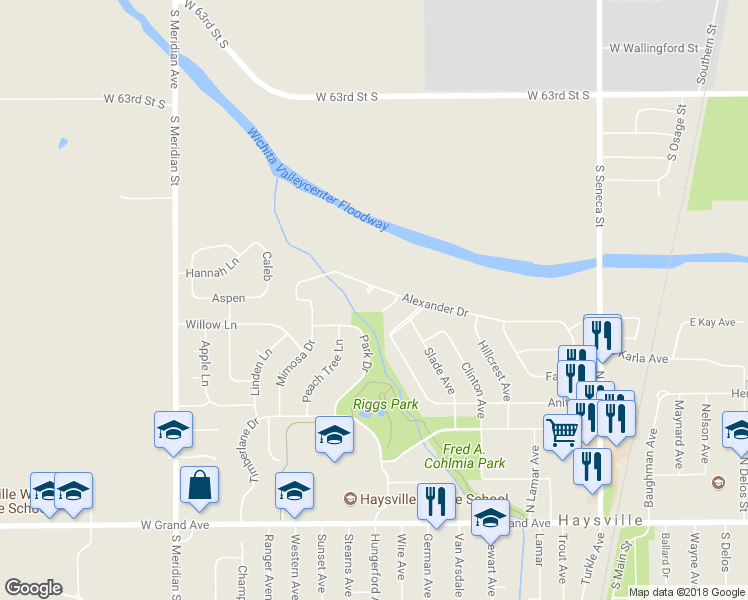 map of restaurants, bars, coffee shops, grocery stores, and more near 823 Alexander Drive in Haysville