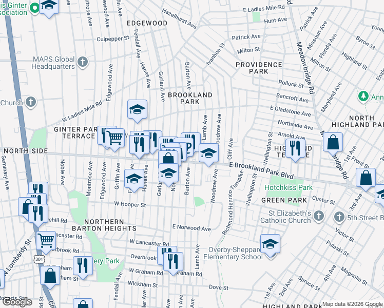 map of restaurants, bars, coffee shops, grocery stores, and more near 3007 Barton Avenue in Richmond