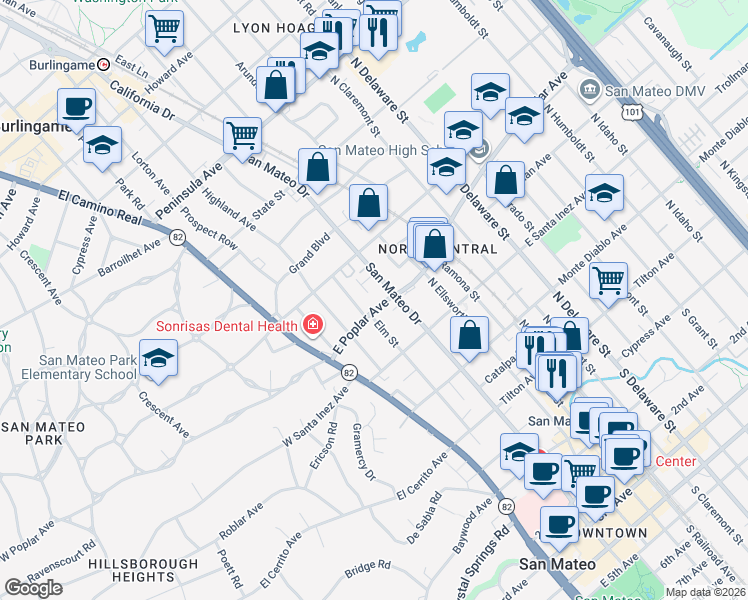 map of restaurants, bars, coffee shops, grocery stores, and more near 119 East Poplar Avenue in San Mateo