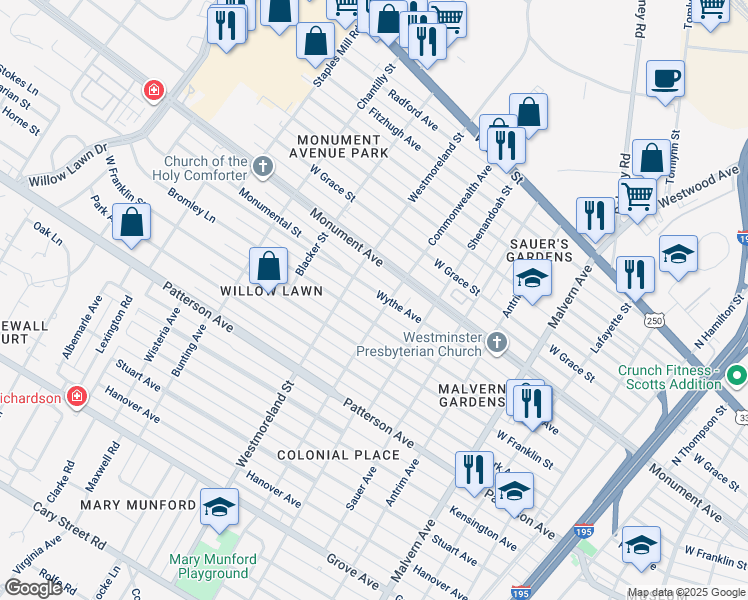 map of restaurants, bars, coffee shops, grocery stores, and more near 4505 Wythe Avenue in Richmond