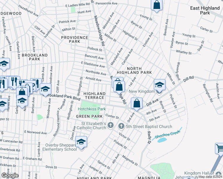 map of restaurants, bars, coffee shops, grocery stores, and more near 3115 Woodcliff Avenue in Richmond