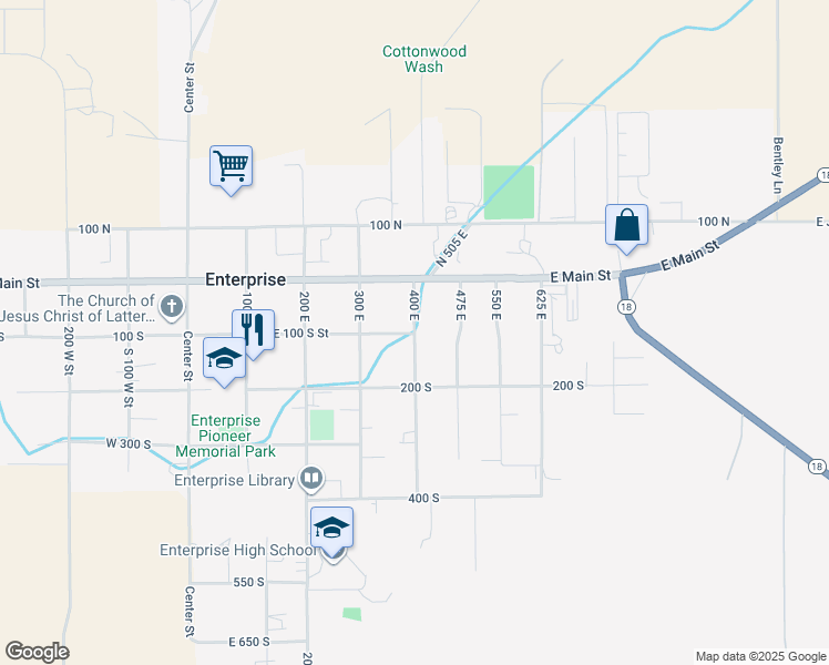 map of restaurants, bars, coffee shops, grocery stores, and more near 97 400 East in Enterprise