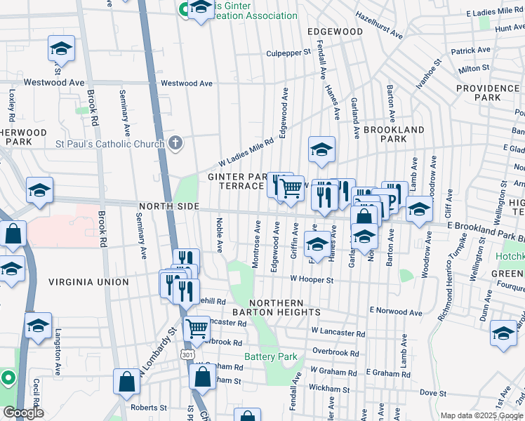 map of restaurants, bars, coffee shops, grocery stores, and more near 510 West Brookland Park Boulevard in Richmond