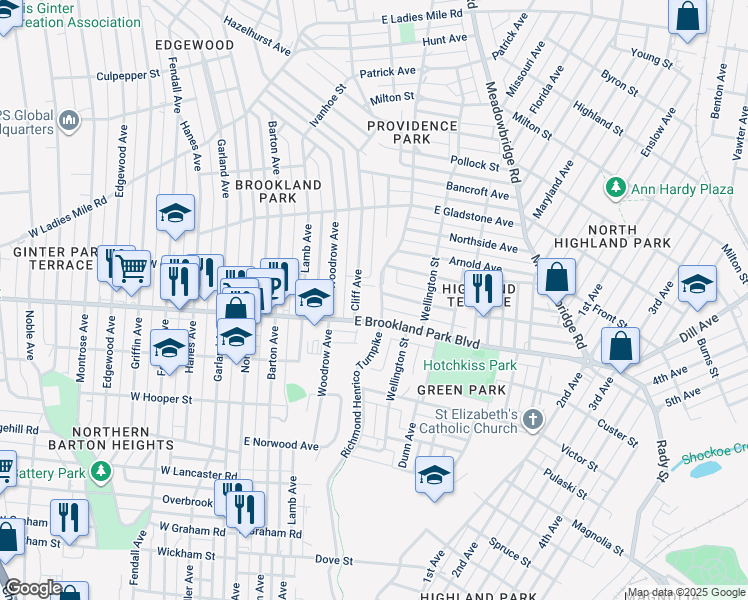 map of restaurants, bars, coffee shops, grocery stores, and more near 3000 Richmond Henrico Turnpike in Richmond