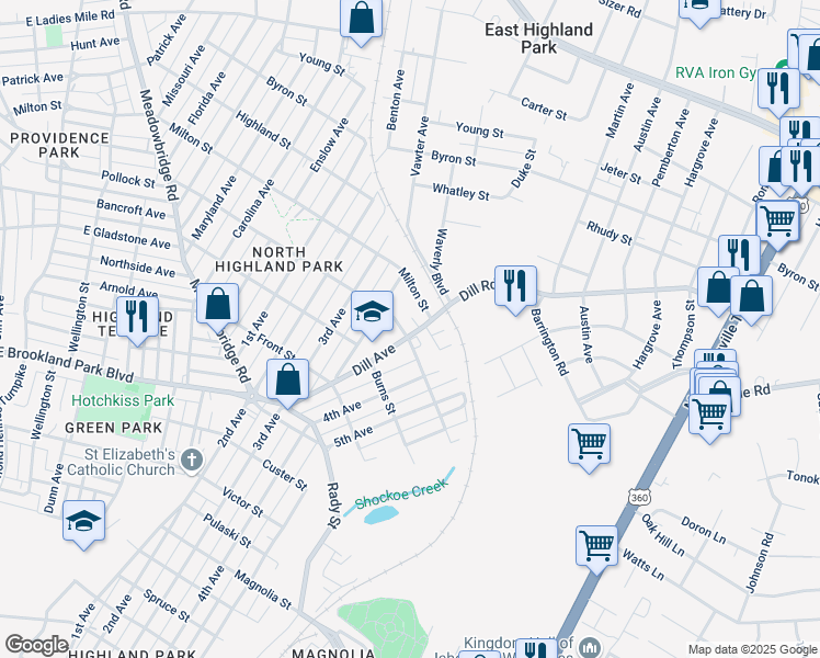map of restaurants, bars, coffee shops, grocery stores, and more near 1520 Pollock Street in Richmond