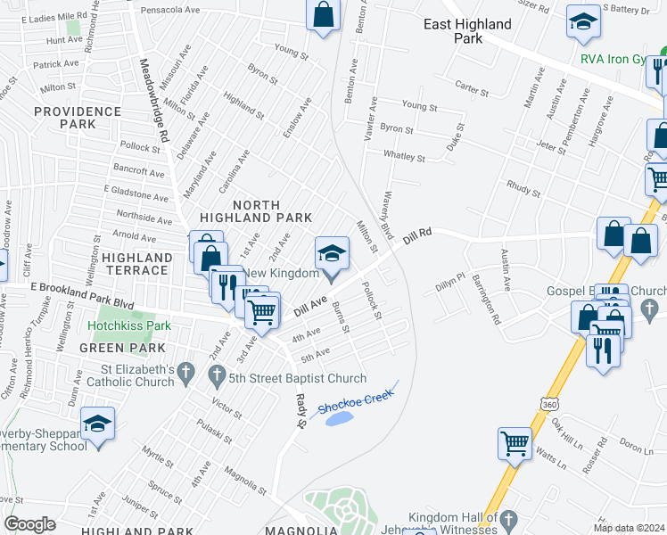 map of restaurants, bars, coffee shops, grocery stores, and more near 3211 Utah Place in Richmond