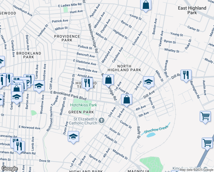 map of restaurants, bars, coffee shops, grocery stores, and more near 3082 Meadowbridge Road in Richmond