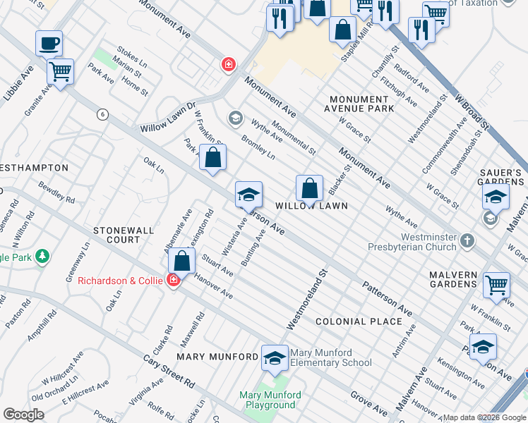 map of restaurants, bars, coffee shops, grocery stores, and more near 4808 Patterson Avenue in Richmond