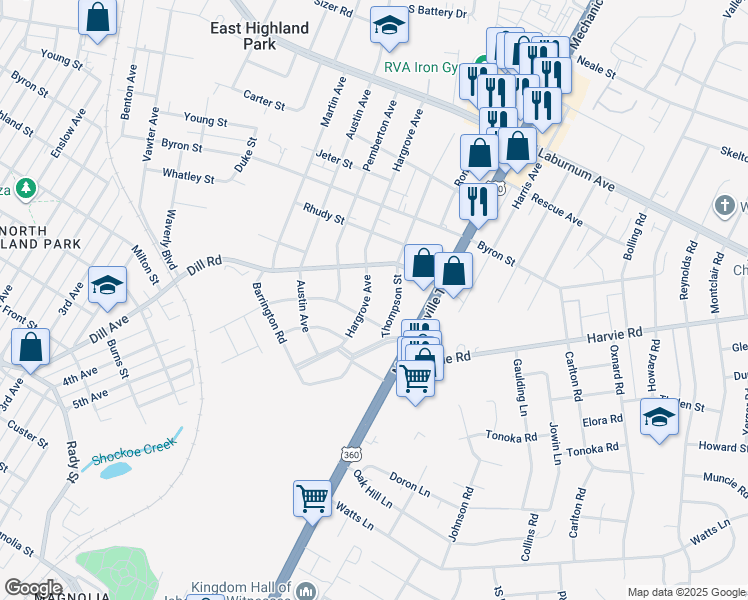 map of restaurants, bars, coffee shops, grocery stores, and more near 3203 Hargrove Avenue in Richmond