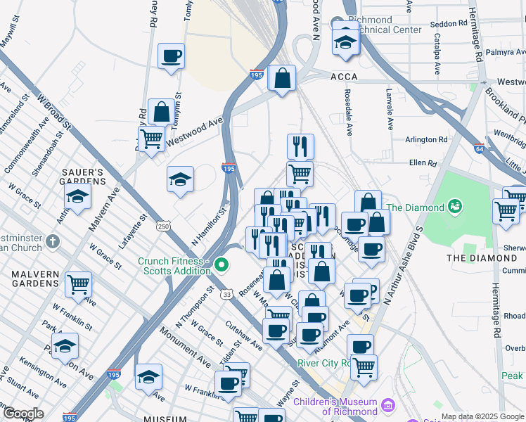 map of restaurants, bars, coffee shops, grocery stores, and more near 1512 Belleville Street in Richmond