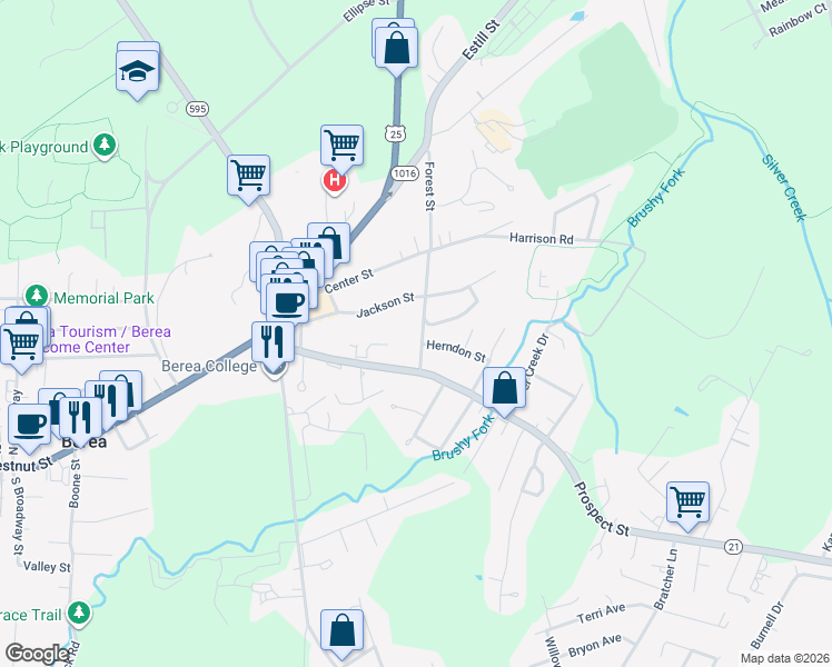 map of restaurants, bars, coffee shops, grocery stores, and more near 109 Forest Street in Berea
