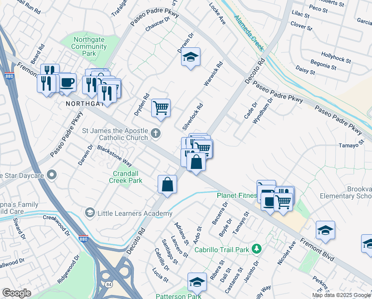 map of restaurants, bars, coffee shops, grocery stores, and more near 3885 Decoto Rd in Fremont