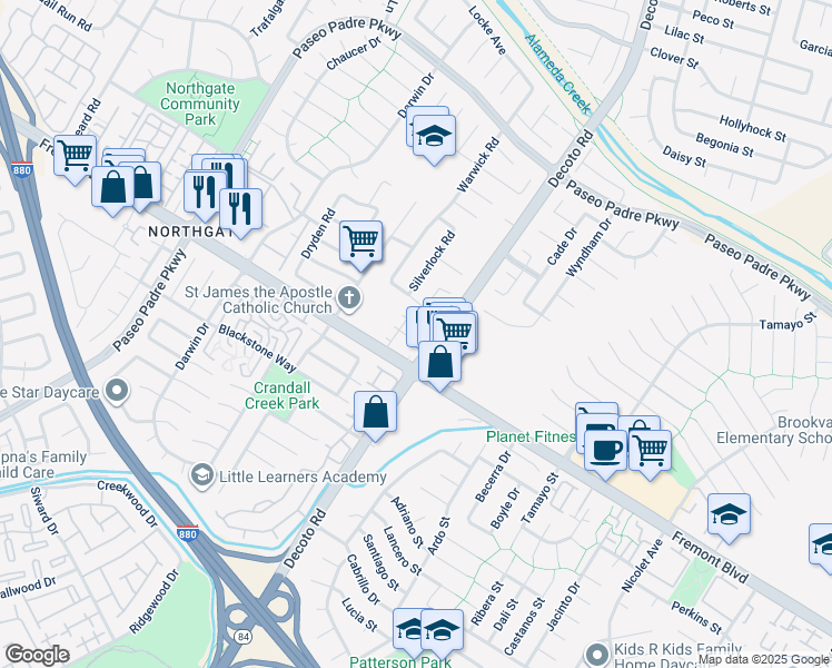 map of restaurants, bars, coffee shops, grocery stores, and more near 3885 Decoto Road in Fremont