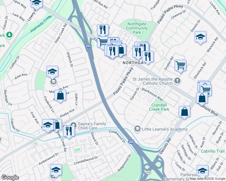 map of restaurants, bars, coffee shops, grocery stores, and more near 4328 Gordon Place in Fremont