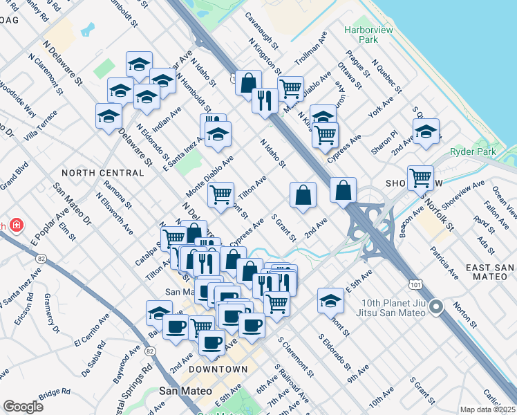 map of restaurants, bars, coffee shops, grocery stores, and more near 16 North Grant Street in San Mateo
