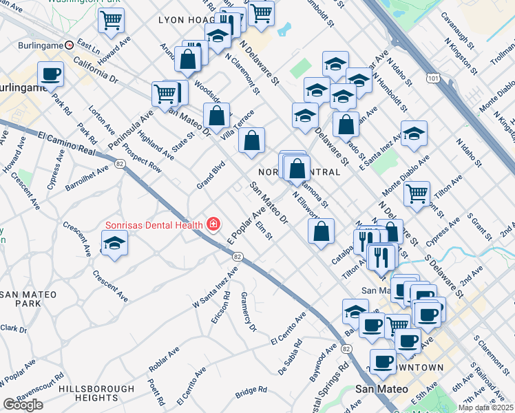map of restaurants, bars, coffee shops, grocery stores, and more near 424 Turner Terrace in San Mateo