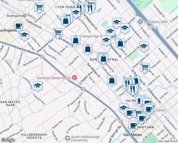 map of restaurants, bars, coffee shops, grocery stores, and more near 424 Turner Terrace in San Mateo