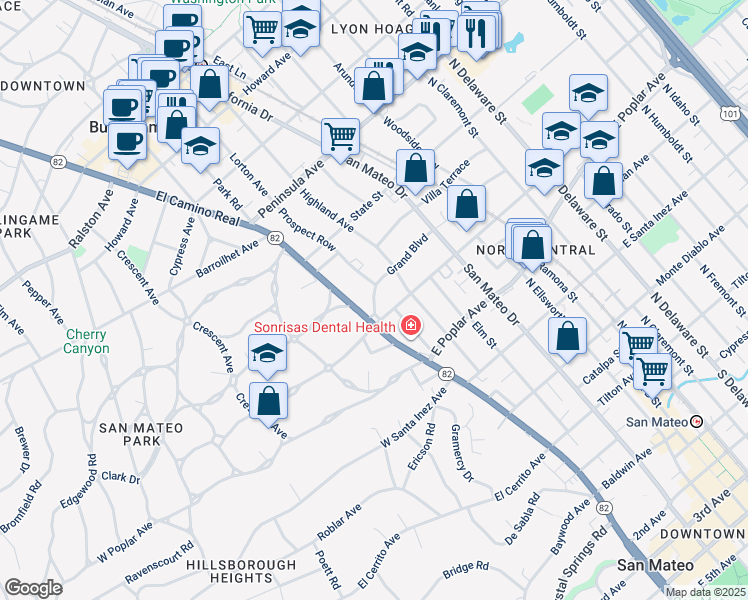 map of restaurants, bars, coffee shops, grocery stores, and more near 125 East Bellevue Avenue in San Mateo