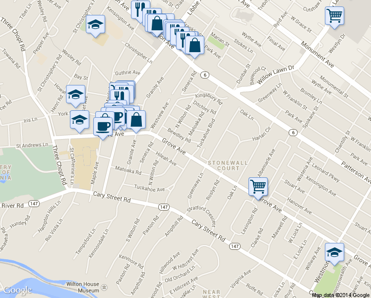map of restaurants, bars, coffee shops, grocery stores, and more near 5304 Grove Avenue in Richmond