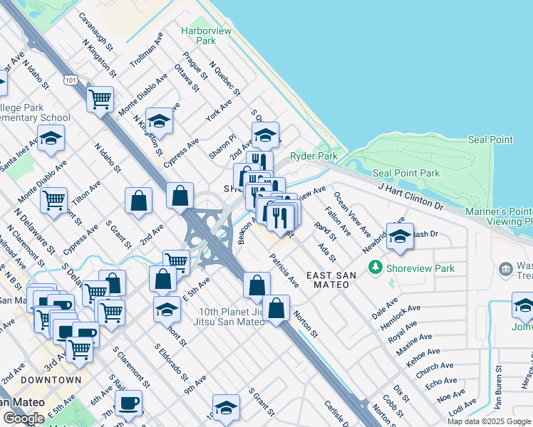 map of restaurants, bars, coffee shops, grocery stores, and more near 400 South Norfolk Street in San Mateo