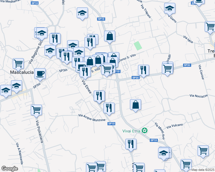 map of restaurants, bars, coffee shops, grocery stores, and more near 13 Via Giarre in Mascalucia