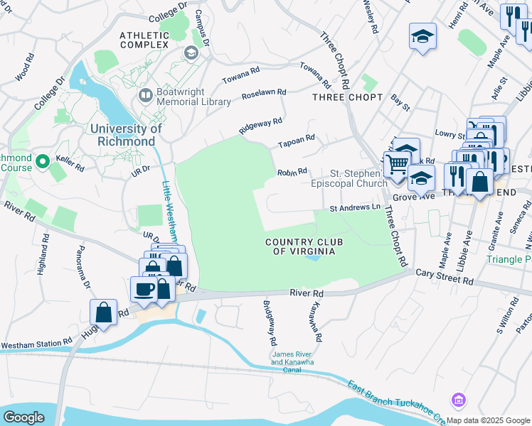 map of restaurants, bars, coffee shops, grocery stores, and more near 6124 Saint Andrews Lane in Richmond