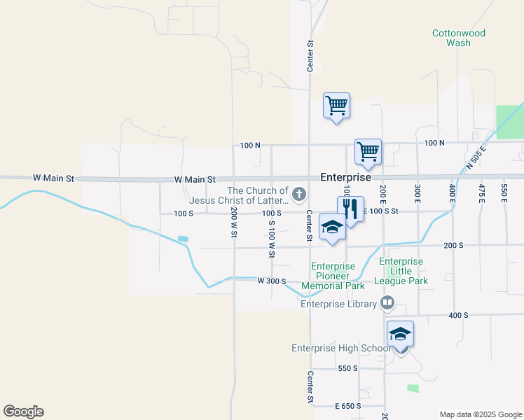 map of restaurants, bars, coffee shops, grocery stores, and more near 120 West 100 South Street in Enterprise