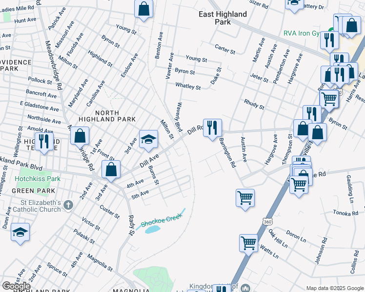 map of restaurants, bars, coffee shops, grocery stores, and more near 3369 Dill Avenue in Richmond