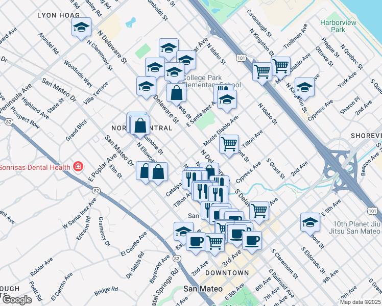 map of restaurants, bars, coffee shops, grocery stores, and more near 509 Monte Diablo Avenue in San Mateo
