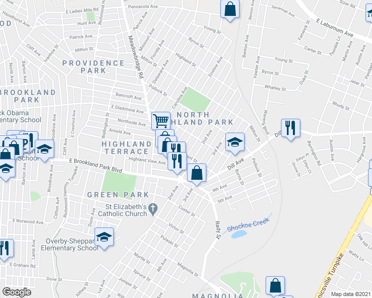 map of restaurants, bars, coffee shops, grocery stores, and more near 3107 1st Avenue in Richmond
