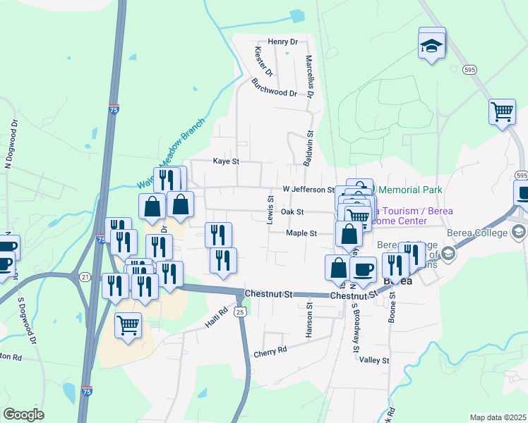 map of restaurants, bars, coffee shops, grocery stores, and more near 319 Oak Street in Berea