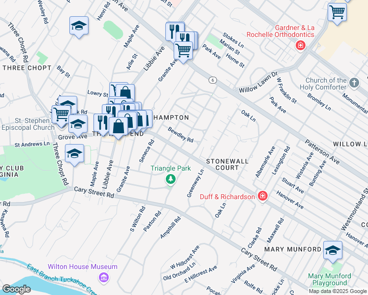 map of restaurants, bars, coffee shops, grocery stores, and more near 5306 Grove Avenue in Richmond
