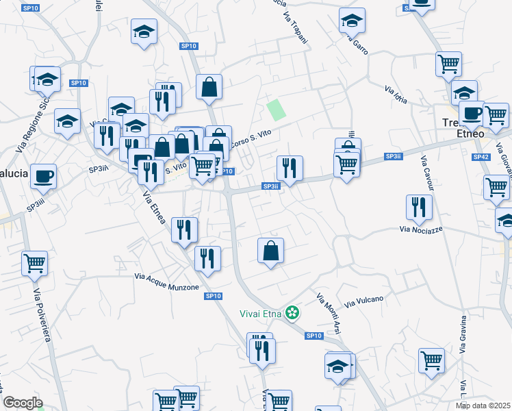 map of restaurants, bars, coffee shops, grocery stores, and more near 5 Via Siena in Mascalucia