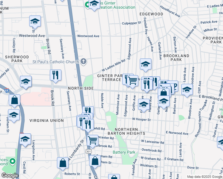 map of restaurants, bars, coffee shops, grocery stores, and more near 3001 Moss Side Avenue in Richmond