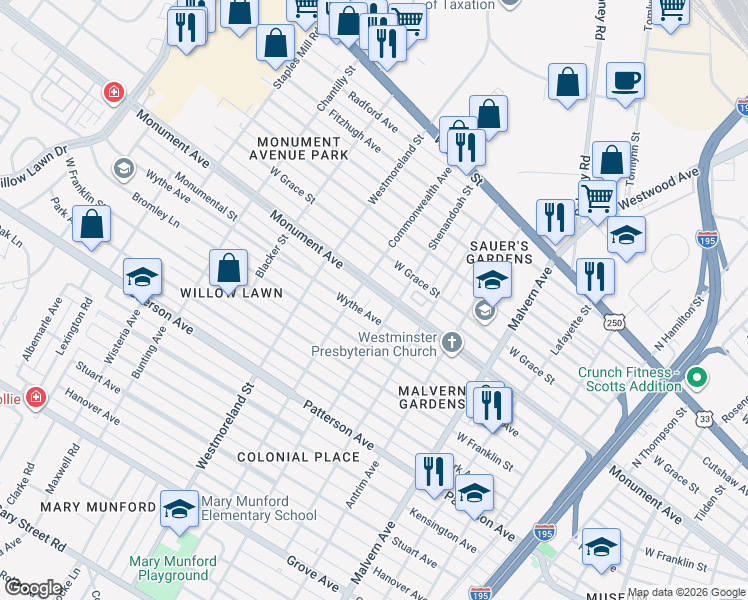 map of restaurants, bars, coffee shops, grocery stores, and more near 4407 Monument Avenue in Richmond